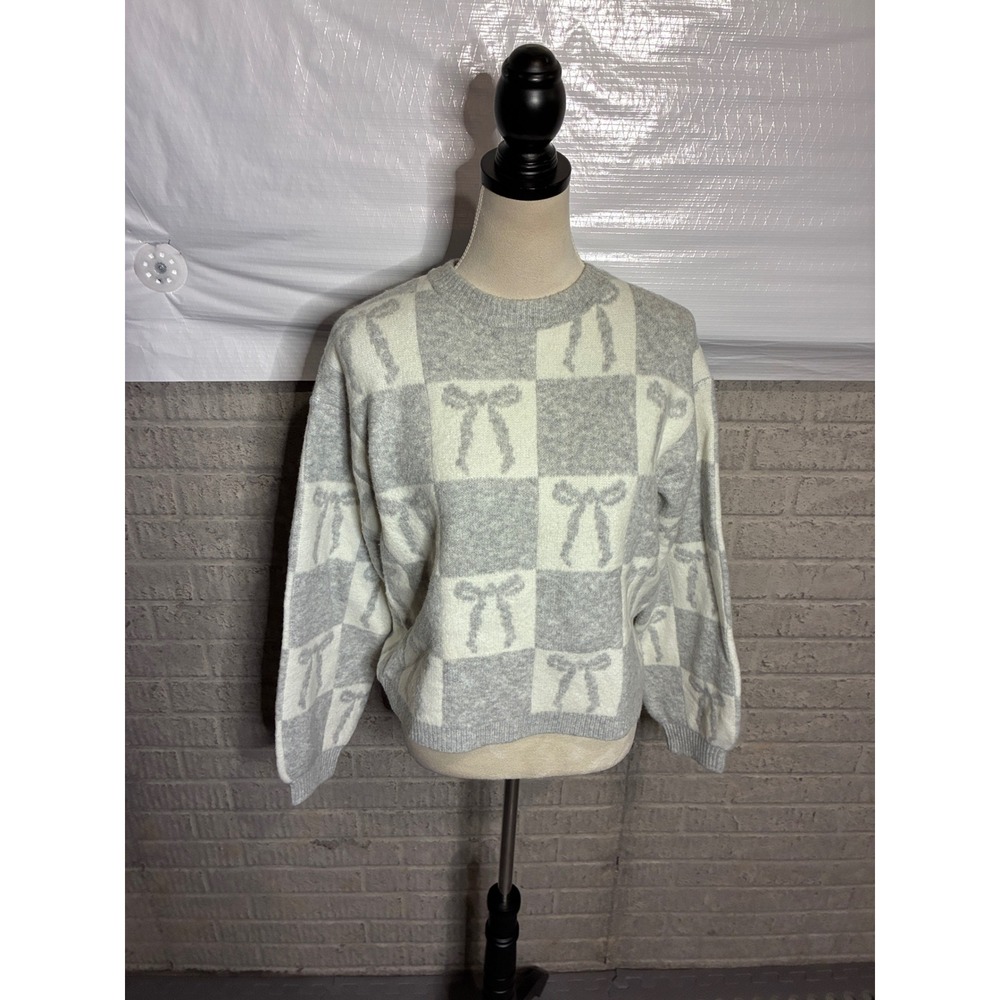A New Day Womens Grey White Checkered Bow Crewneck Sweater Size Small